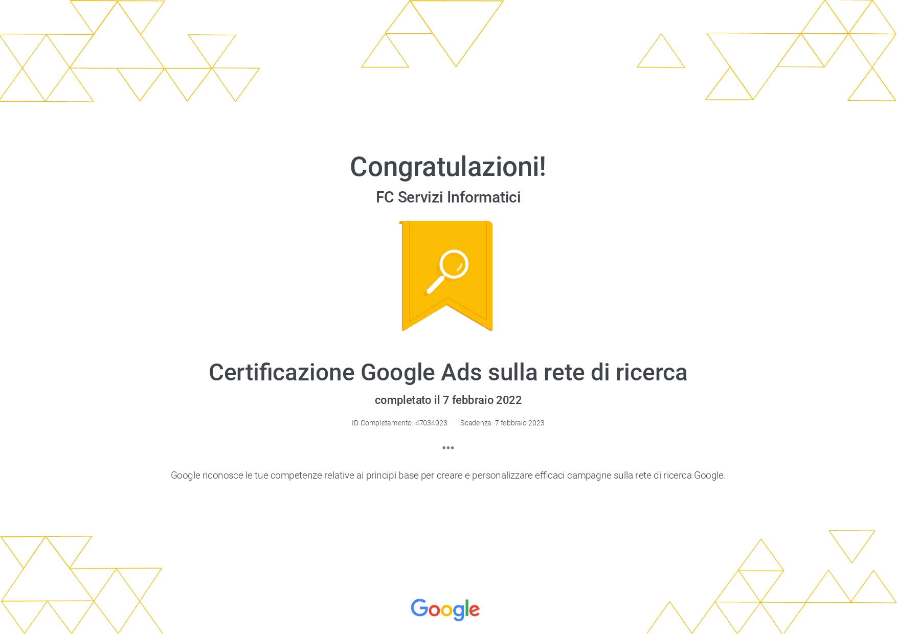 Certificazione Google ADS sulla rete di Ricerca